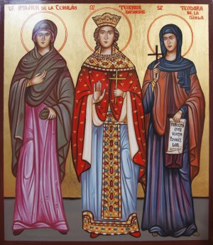 Icono ortodoxo rumano de las Santas Maura de Ceahlau (izqda.) Teófana Basarab (centro) y Teodora de Sihla (dcha.)