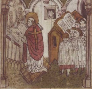 La Santa oyendo misa desde la ventana de su celda. Miniatura medieval.