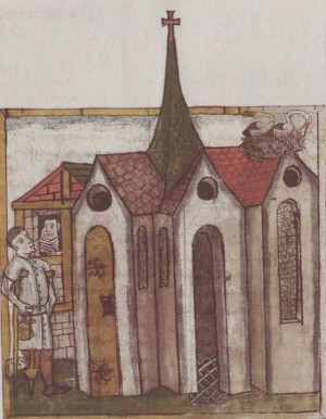 La Santa aconsejando a un visitante desde su celda, adosada a la iglesia de San Magno. Miniatura medieval.
