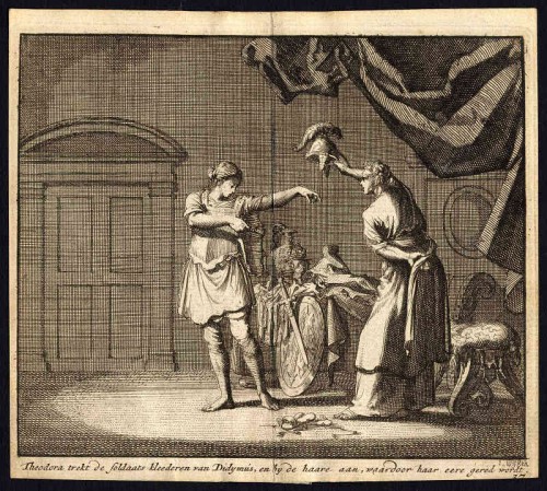 Teodora y Dídimo se intercambian las vestiduras. Grabado de Jan Van Luyken.