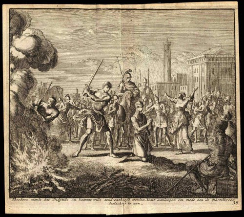 Martirio e incineración de los cadáveres de los Santos. Grabado de Jan Van Luyken.