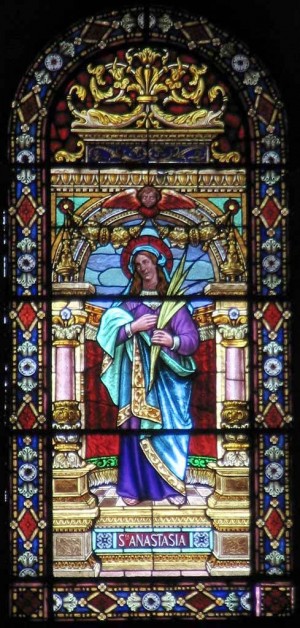 Vidriera de Santa Anastasia, mártir romana. Seo de Xàtiva, Valencia (España).