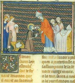 El Santo comulgando. Iluminación de las Grandes crónicas de Francia del siglo XIV. Biblioteca Nacional de París.