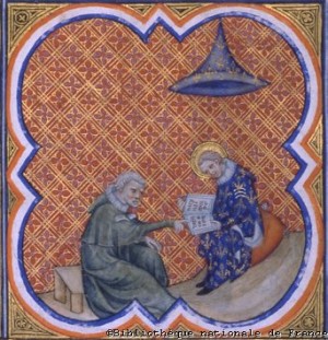 El Santo haciéndose instruir por un monje. Miniatura de las Grandes crónicas de Francia del siglo XIV. Biblioteca Nacional de París.