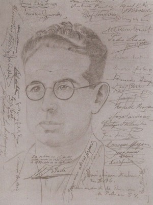 Dibujo realizado del beato en prisión, firmado por 70 compañeros suyos en muestra de afecto. Año 1936.