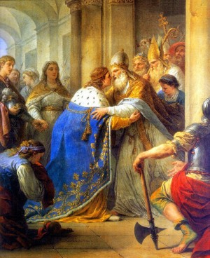 Entrevista de San Luís con el Papa Inocencio IV en Lyón. Lienzo de Louis Jean François Lagrenee.