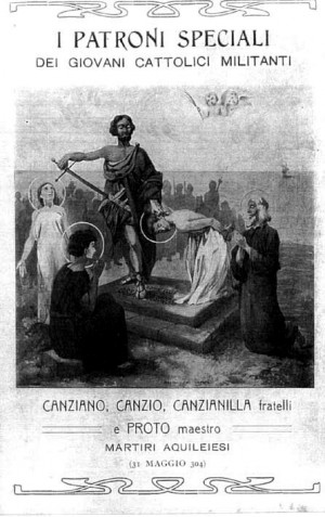 Estampa devocional italiana con el martirio de los Santos.