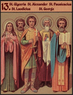 Sinaxis de los Santos venerados el 13 de mayo: Gliceria, Laodicio, Alejandro, Jorge y Pausicacio. Ilustración para el Prólogo de Ochrid.