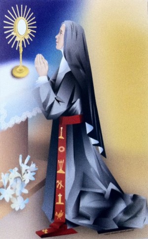 Estampa ilustrada de la Santa en adoración eucarística.