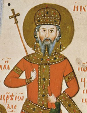 Miniatura del príncipe Iván Alejandro de Bulgaria, esposo de la Santa. Miniatura en los Tetraevangelia de Iván Alejandro.