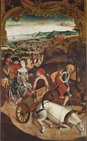Los Santos huyen en carro de la persecución. Altar de Krainburger (1510). Iglesia parroquial de Kranj, Eslovenia.