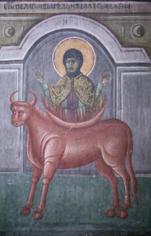 Fresco ortodoxo serbio en el monasterio Decani (Kosovo). La Santa, por error del pintor, aparece vestida de monja, lo que sería una iconografía más propia de Santa Pelagia la penitente.