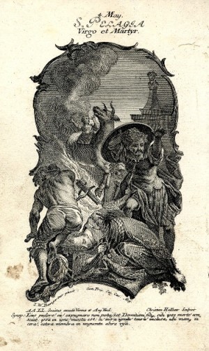 El heredero de Diocleciano suicidándose por amor. Al fondo, martirio de la Santa. Grabado de Christian Halbaur.