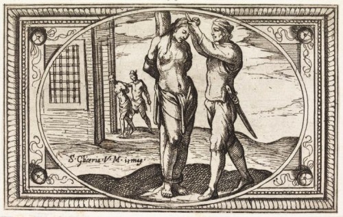 Martirio de la Santa. Grabado de Antonio Tempesta para "Immagini de molte sante vergini romane nel martirio". Istituto Nazionale dell'Arte Grafica, Roma (Italia).