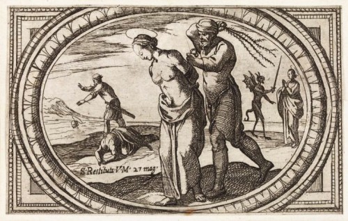 Martirio de la Santa. Grabado de Antonio Tempesta para "Istoria de molte sante vergini romane nel martirio". Istituto Nazionale dell'Arte Grafica, Roma (Italia).