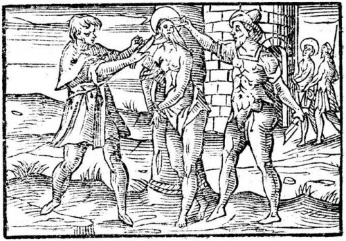 Desollamiento del rostro y cabeza de la Santa. Grabado de Antonio Tempesta (1609) para "Historia delle sante vergini romane". Pitts Theology Library, Emory University, Atlanta, EEUU.