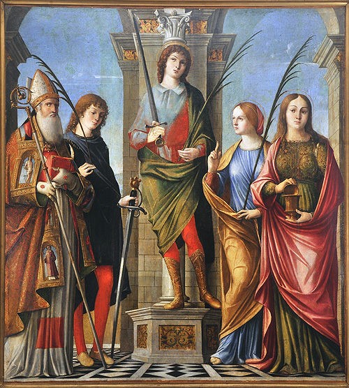 Santos Cancio, Canciano y Cancianila junto a San Apolinar y Santa María Magdalena. Lienzo de Niccolò Rondinelli, Museo del Senado de la República, Roma, Italia.