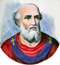 Miniatura coloreada del Santo, inspirada en su medallón en la galería de Papas de San Pablo Extramuros, Roma.