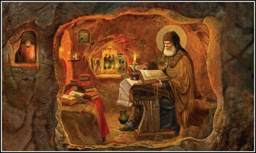 San Néstor el Cronista trabajando en su scriptorium. Ilustración de Natalia Klimova.