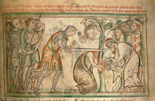 Martirio del santo en un manuscrito del siglo XIII conservado en el Trinity College de Dublín, Irlanda.
