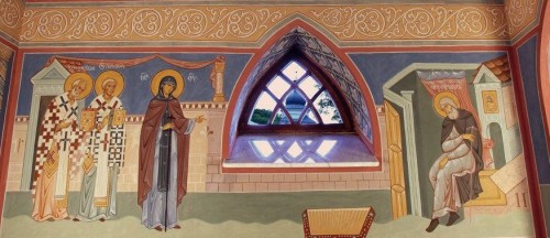 La Virgen se aparece al Santo. Fresco en el monasterio Svyatogorsky.