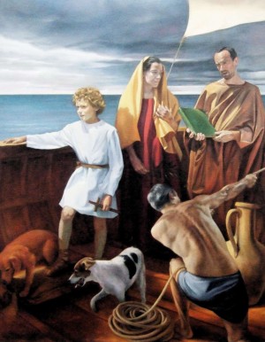 Los Santos huyen en barco a Lucania. Lienzo de Gregory Burney. Iglesia de San Vito, Mazara del Vallo, Italia.