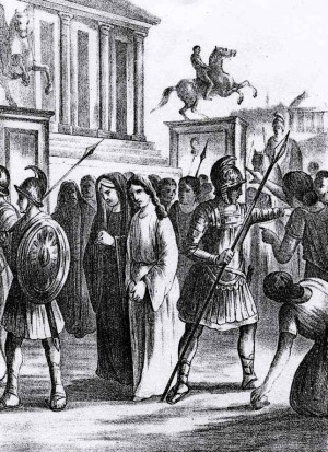Basílides protege a Potamiena y Marcela de los ataques de la multitud. Ilustración contemporánea.