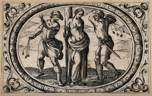 Martirio de la Santa. Grabado de Antonio Tempesta para "Istoria de molte vergini romane nel martirio", de Antonio Gallonio. Istituto Nazionale dell'Arte Grafica, Roma (Italia).