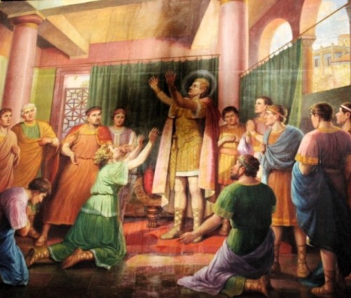 San Sebastián cura a Santa Zoe. Pintura en la iglesia del Santo en León, Guanajuato (México).