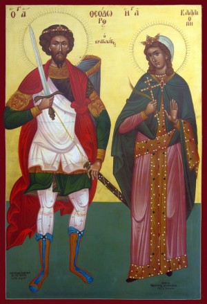 Icono ortodoxo griego de los Santos Teodoro Stratelatos y Calíope, obra del iconógrago Michael Hadjimichael.