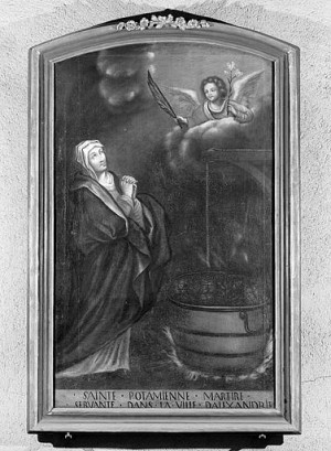 Tabla de Santa Potamiena con el caldero como atributo. Iglesia de San Benigno de Pontarlier, Francia.