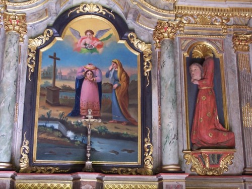 Cuadro de altar e imagen de la Santa cefalófora. Capilla de la Santa en Pontivy, Francia.