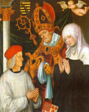 Gabriel von Eyb, obispo de Eichstätt, con San Willibaldo y Santa Walburga. Pintura de Lucas Cranach el Viejo.