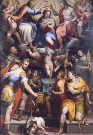 Los dos santos sobre la coronación de la Virgen. Obra de Horacio Sammacchini, Pinacoteca de Bologna (Italia).