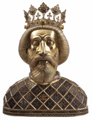 Relicario del cráneo del santo en la catedral de Gÿor (Hungría).