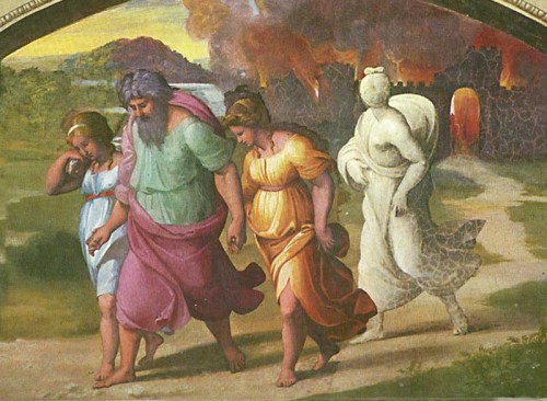 Fuga de Lot y su familia de Sodoma y Gomorra. Fresco de Rafael Sanzio. Logge di Raffaello (XVI), Vaticano.