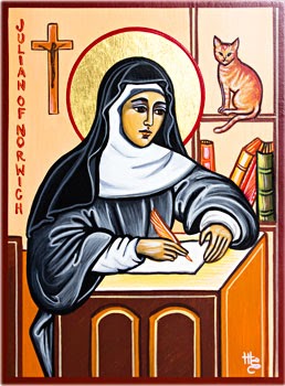 Icono de la Santa en su scriptorium, redactando su obra.