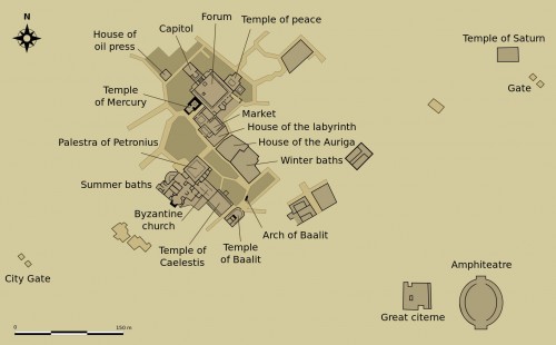 Mapa del yacimiento arqueológico de Tuburbo (Túnez). A destacar el anfiteatro, lugar del martirio de las Santas.