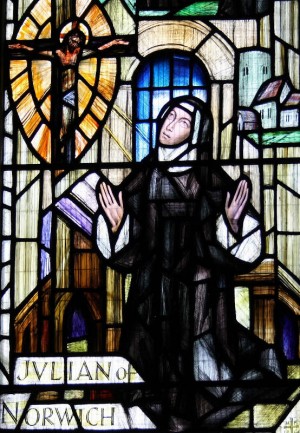 Vidriera contemporánea de la Beata en la catedral de Norwich, Inglaterra.