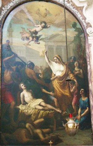 La Santa exhortando a su hijo Jenaro a resistir los azotes. Lienzo de Giorgio Berti. Iglesia de Santa Felicidad, Florencia (Italia).
