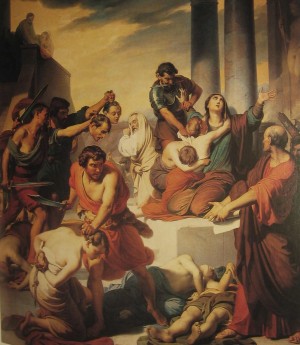 La Santa obligada a presenciar el martirio de sus hijos. Lienzo de Francesco Coghetti (s.XIX). Ex-iglesia -hoy restaurante- de Santa Felicidad, Verona (Italia).