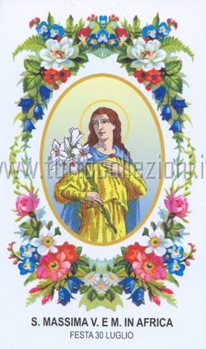 Estampa devocional italiana de Santa Máxima, virgen y mártir africana. Fuente: www.tuttocollezioni.it