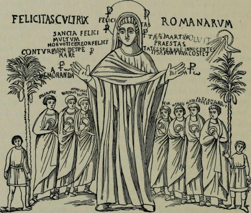 "Felicitas cultrix romanarum": grabado de la pintura del oratorio romano de la Santa, próximo al foro de Trajano.