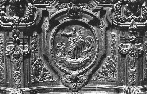 Detalle de San Anastasio en la sillería del coro de la catedral de Córdoba, España.