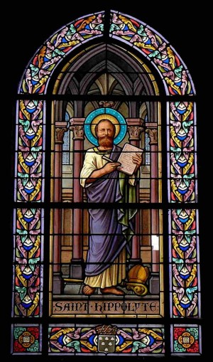 Vidriera en la iglesia de San Juan Bautista, en Saint-Jean-sur-Vilaine (Francia) en la que es representado como sacerdote y escritor.