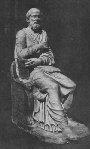 Escultura romana antigua, identificada como San Hipólito, encontrada en 1551 en Via Tiburtina, Roma, y actualmente en la Biblioteca Vaticana (siglo IV-V).