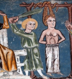 Detalle de la Santa colgada de los cabellos y azotada. Iglesia de San Jorge, Rhazüns, Suiza.