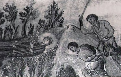 Geminiano es sorprendido y ejecutado mientras entierra a Lucía. Menologio de Basilio II (s.X), Biblioteca Apostolica Vaticana, Roma (Italia).
