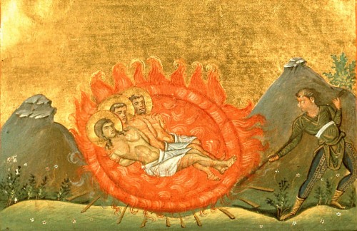 Los tres mártires asados vivos. Menologio de Basilio II (s.X). Biblioteca Apostolica Vaticana, Roma (Italia).