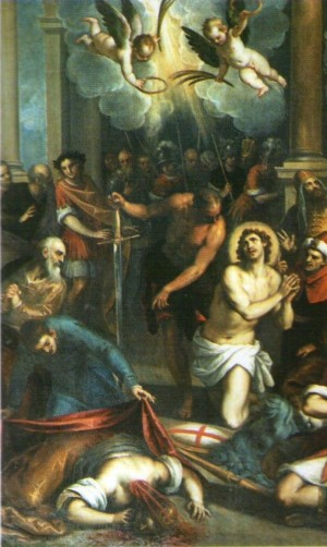Martirio de la Santa en presencia de San Jorge. Lienzo de Giacopo Palma Il Giovane.